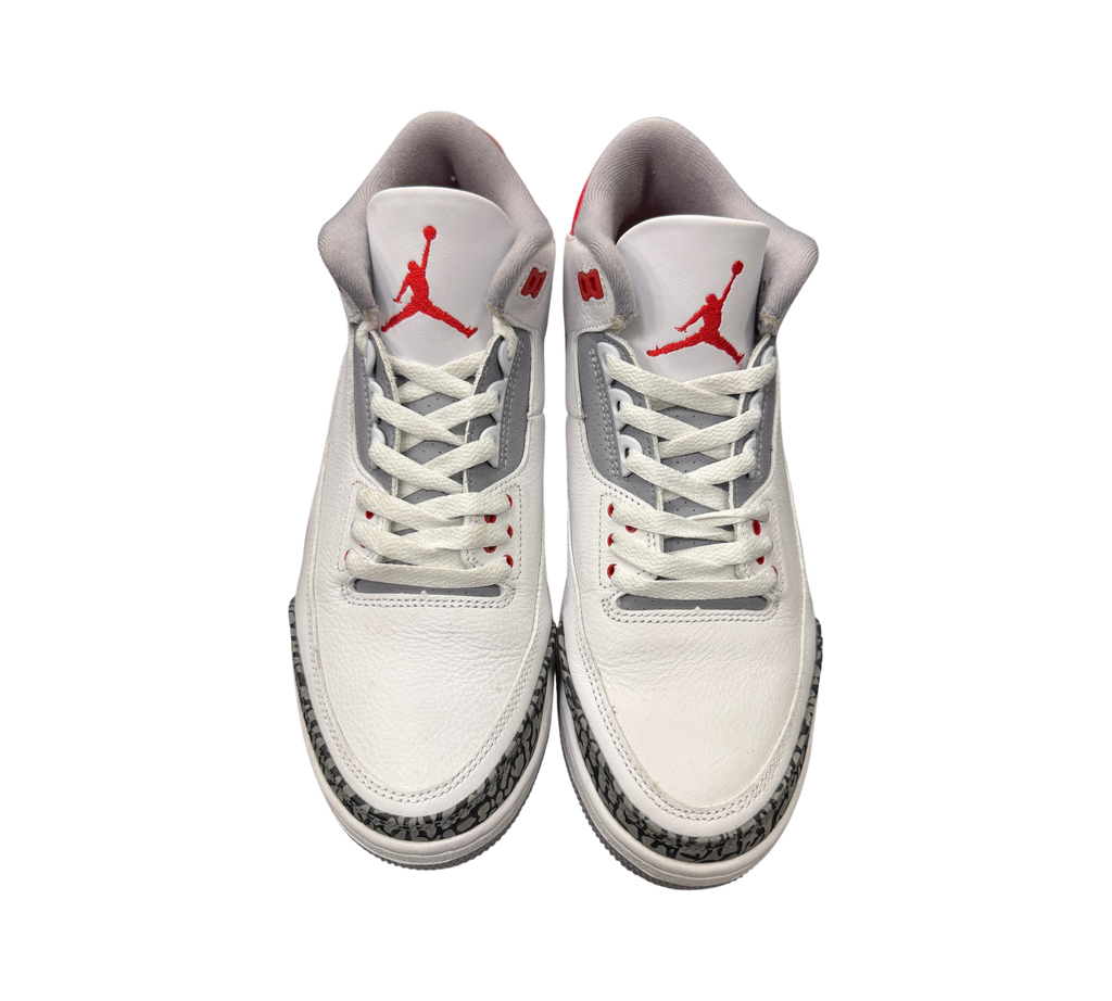 Genesis Boutique pre-owned Jordan 3 Fire Red sneakers in white leather with iconic grey elephant print and red accents.