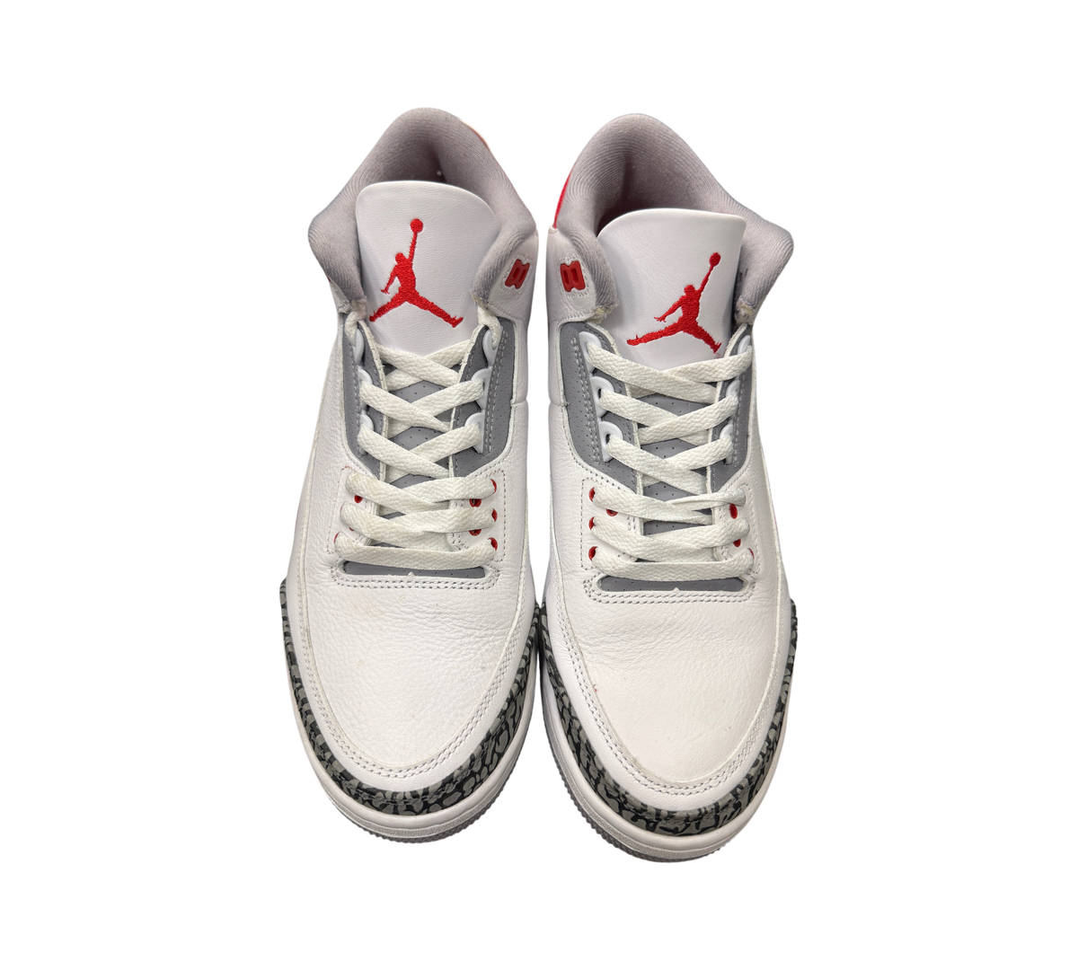 Genesis Boutique pre-owned Jordan 3 Fire Red sneakers in white leather with iconic grey elephant print and red accents.