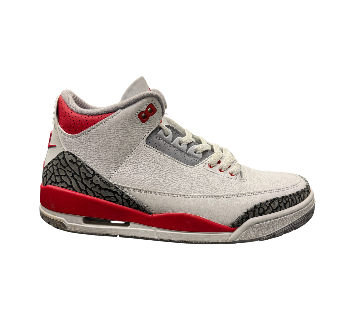 Genesis Boutique pre-owned Jordan 3 Fire Red sneakers in white leather with iconic grey elephant print accents.