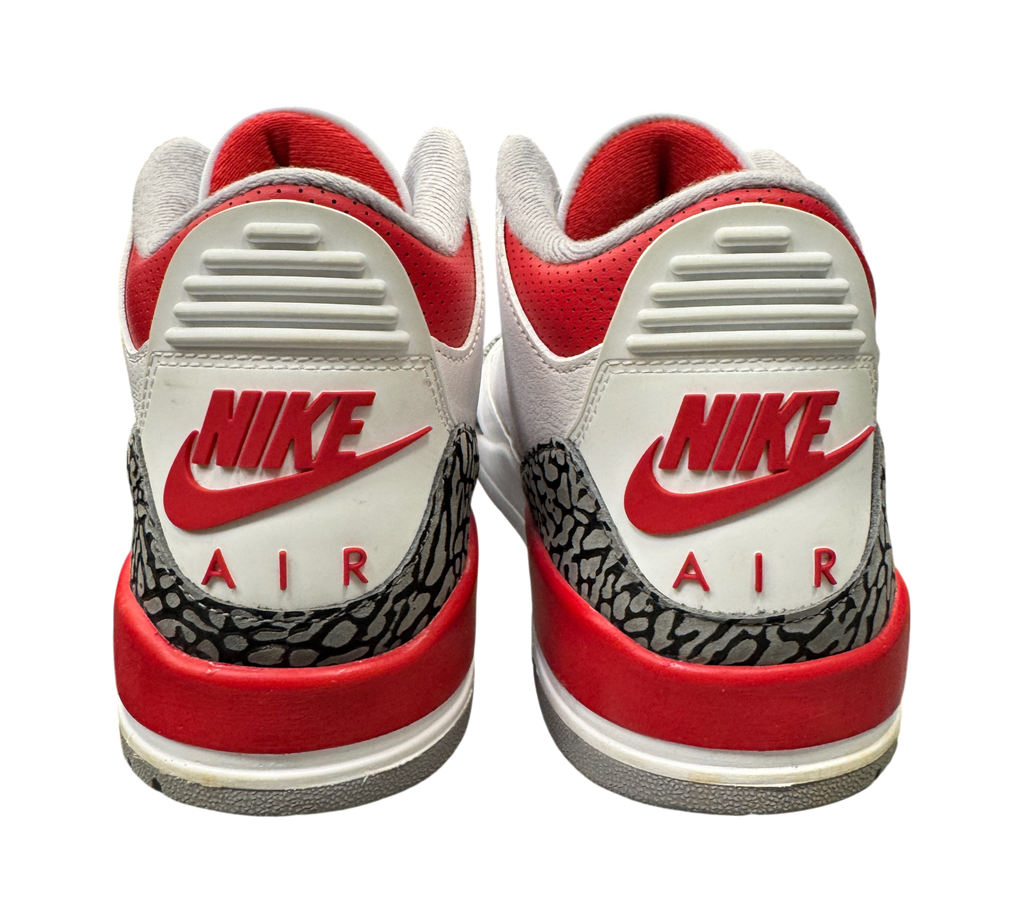 Genesis Boutique pre-owned Jordan 3 Fire Red sneakers featuring iconic elephant print and Nike Air branding on heels.