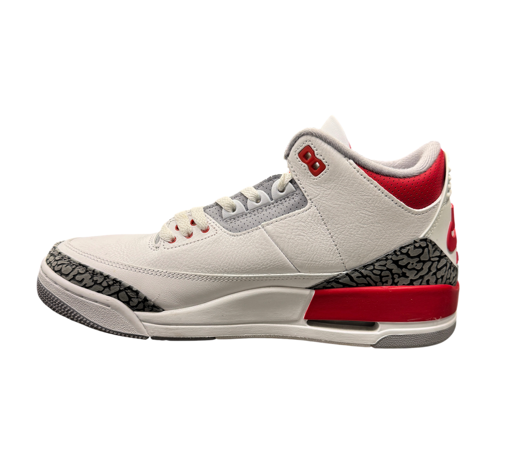 Genesis Boutique pre-owned Jordan 3 Fire Red sneakers in white leather with iconic elephant print and red accents.