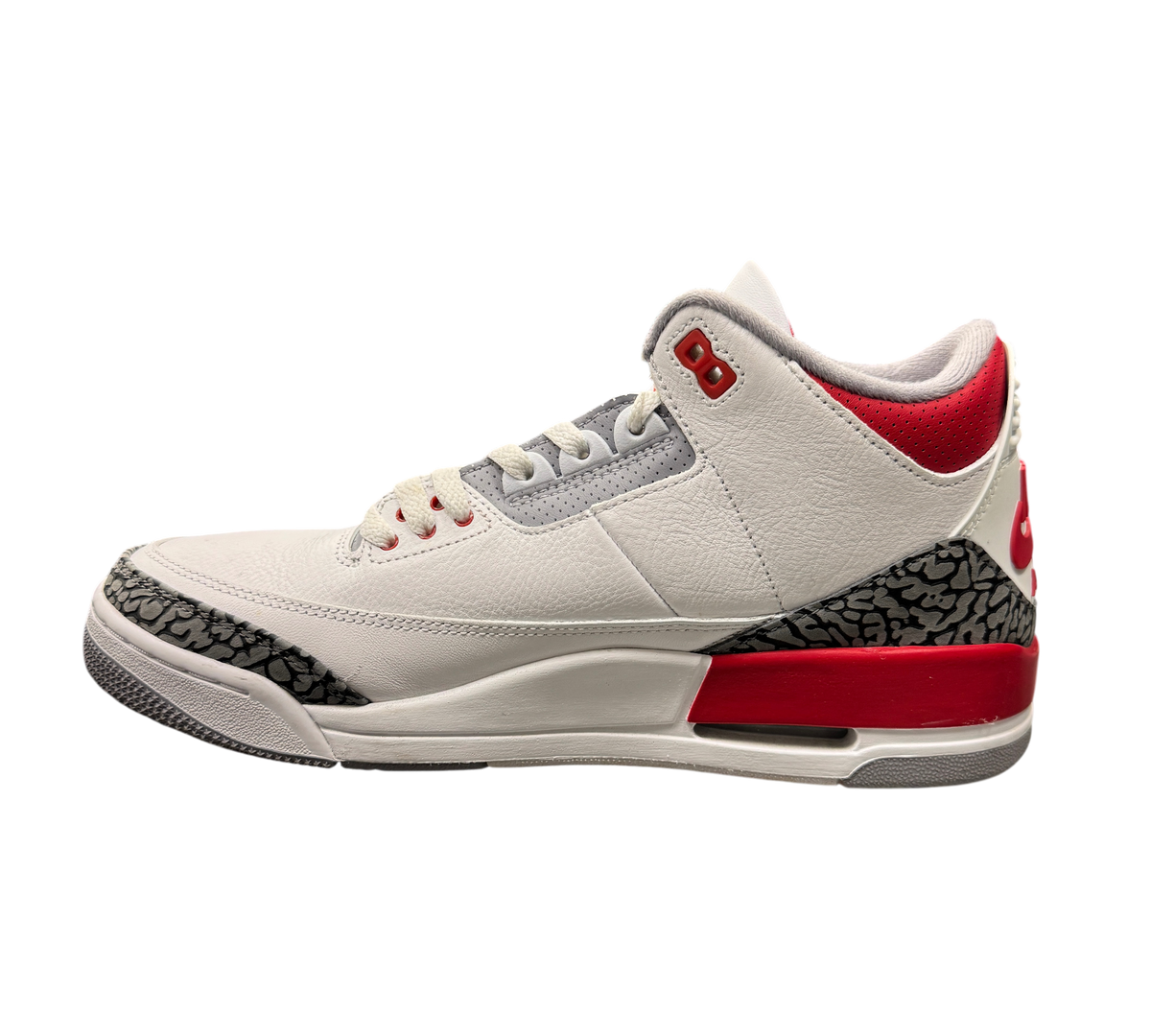 Genesis Boutique pre-owned Jordan 3 Fire Red sneakers in white leather with iconic elephant print and red accents.