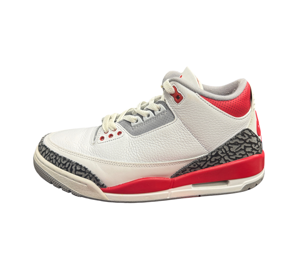 Genesis Boutique Jordan 3 Fire Red sneakers in white leather with grey and red accents and iconic elephant print trim