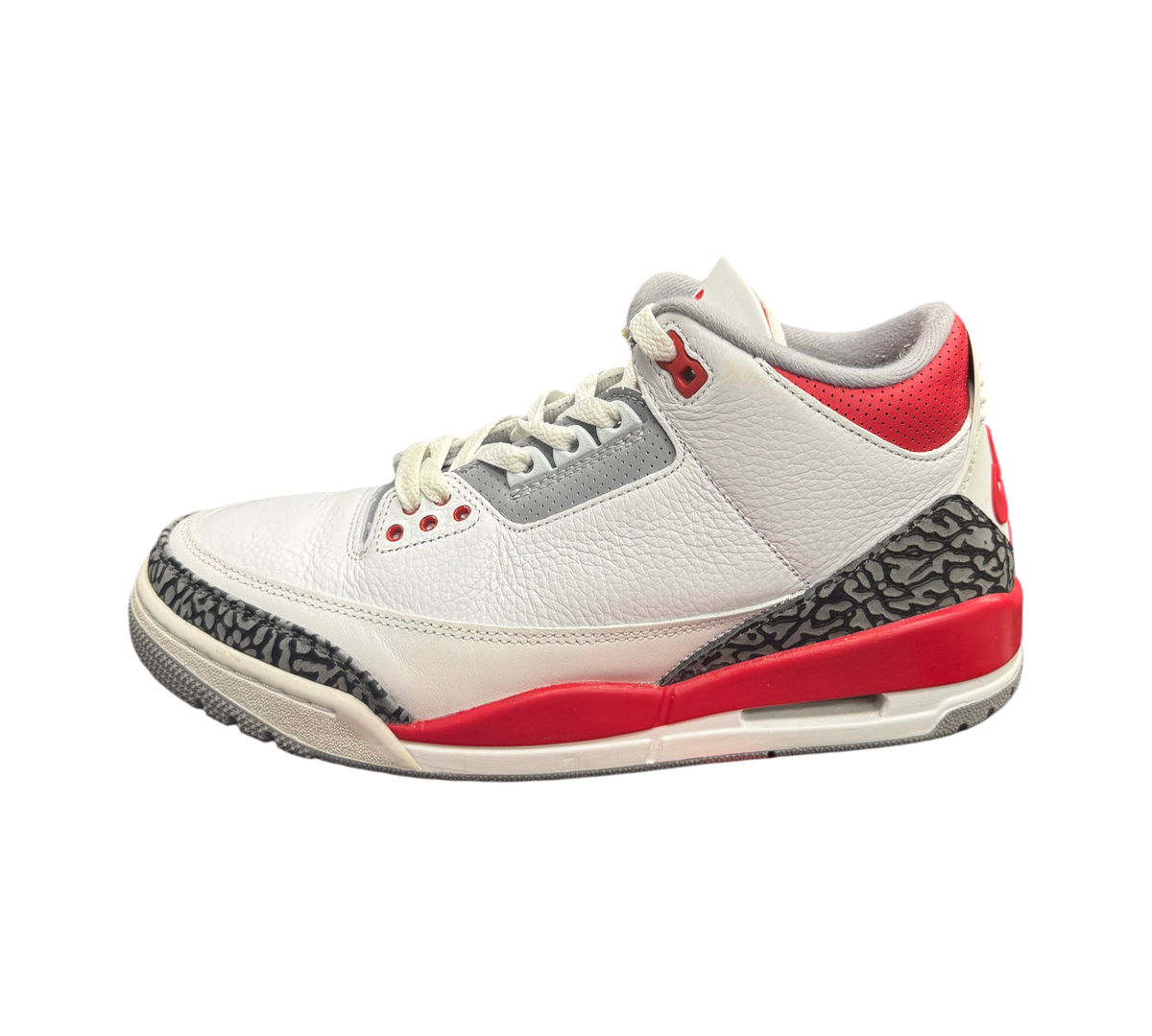 Genesis Boutique Jordan 3 Fire Red sneakers in white leather with grey and red accents and iconic elephant print trim