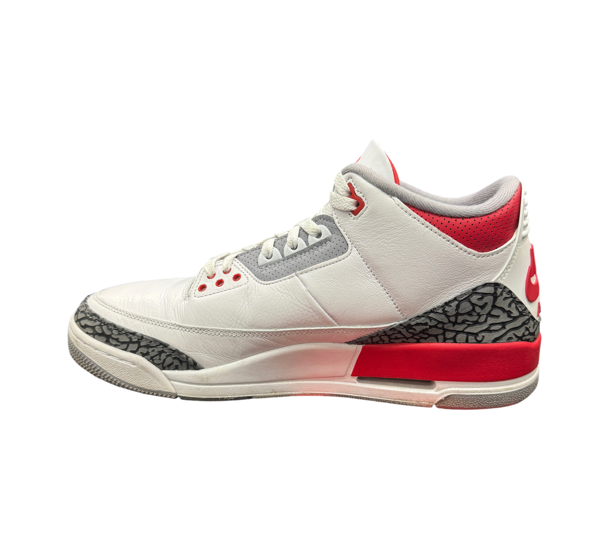 Genesis Boutique Jordan 3 Fire Red sneakers in white leather with iconic elephant print and red accents