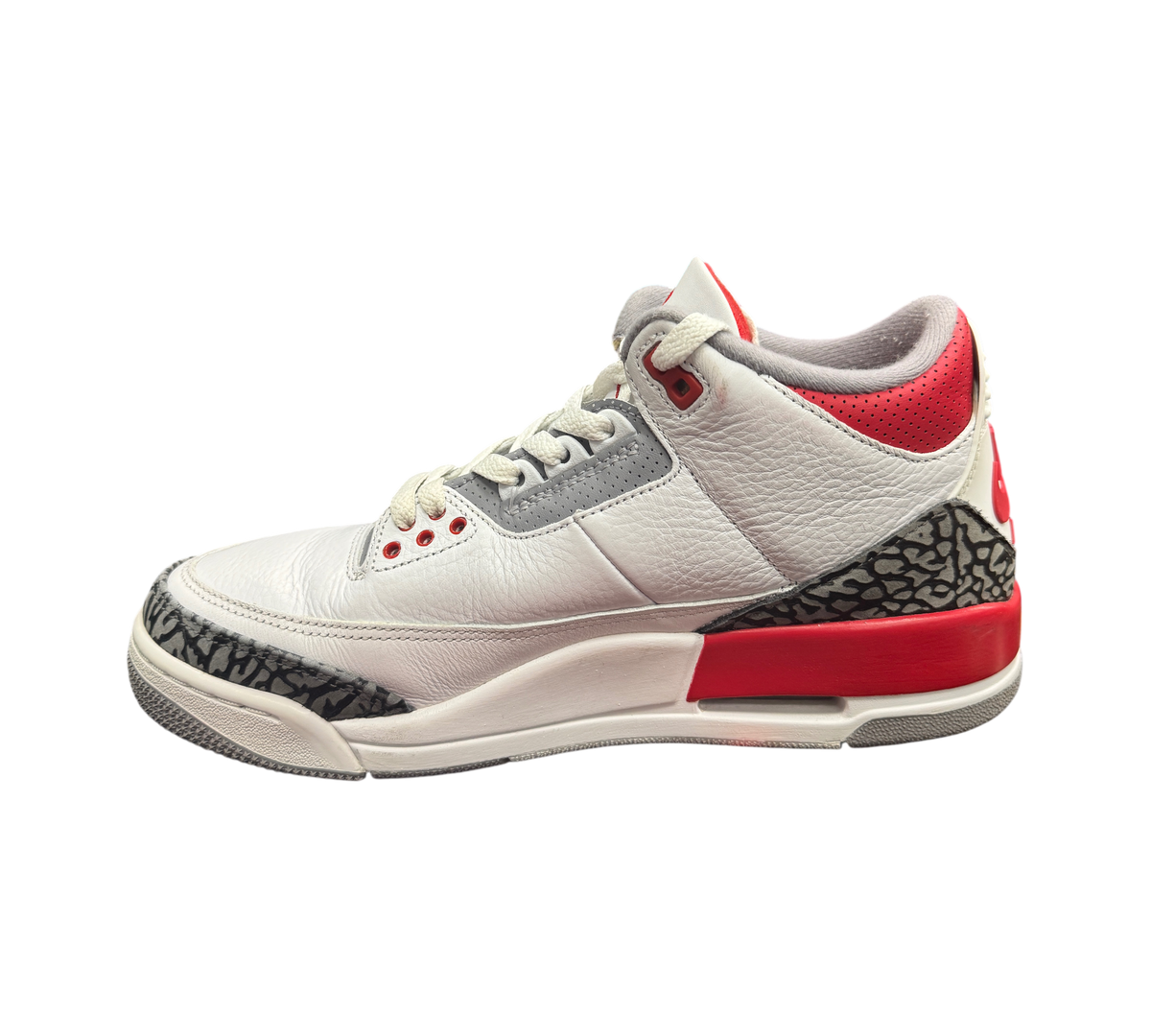 Genesis Boutique Jordan 3 Fire Red sneakers in white leather with iconic grey elephant print and red accents
