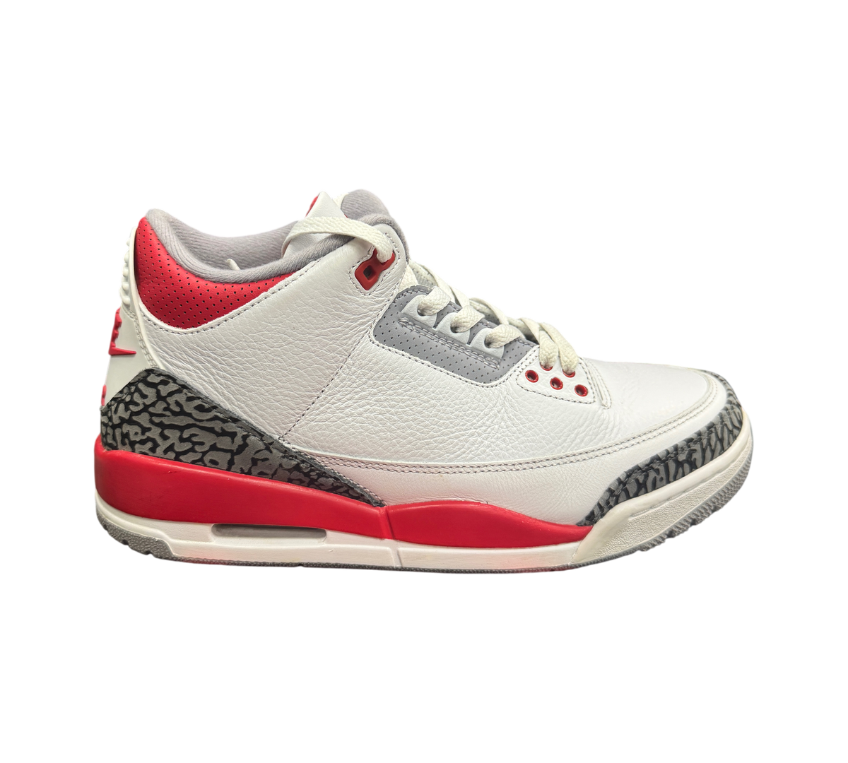 Genesis Boutique Jordan 3 Fire Red sneakers in white leather with grey and red accents and iconic elephant print trim