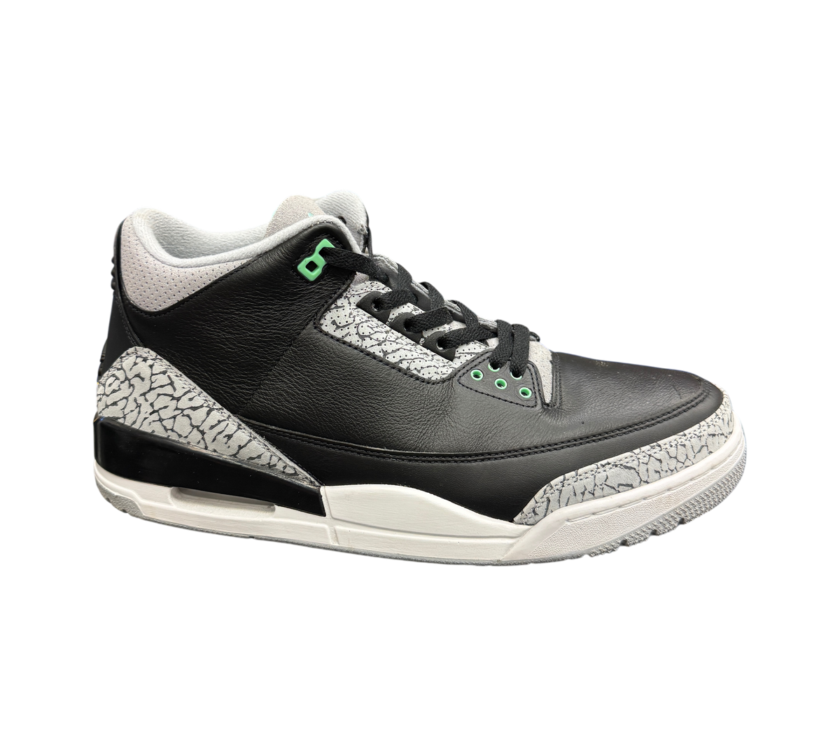 Genesis Boutique Jordan 3 Green Glow sneakers in black leather with grey elephant print and green eyelet accents