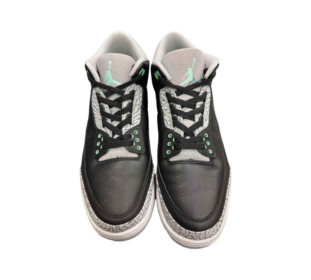 Genesis Boutique Jordan 3 Green Glow sneakers in black leather with grey elephant print and mint green accents