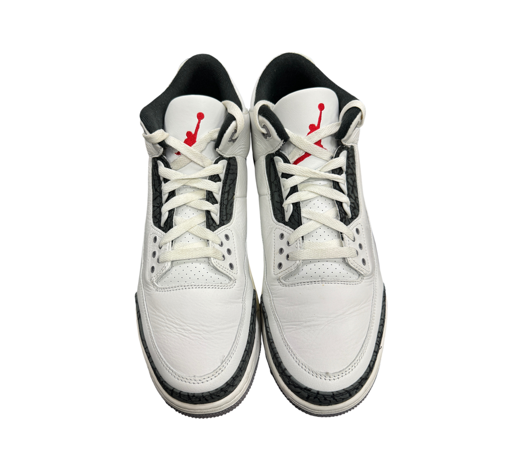 Genesis Boutique Jordan 3 Grey Cement sneakers in white leather with iconic grey elephant print and red Jumpman logo.
