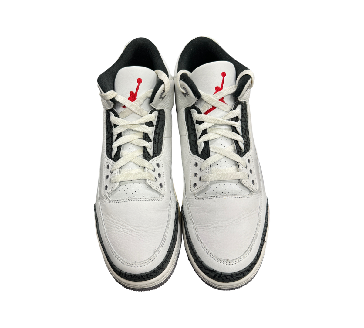 Genesis Boutique Jordan 3 Grey Cement sneakers in white leather with iconic grey elephant print and red Jumpman logo.