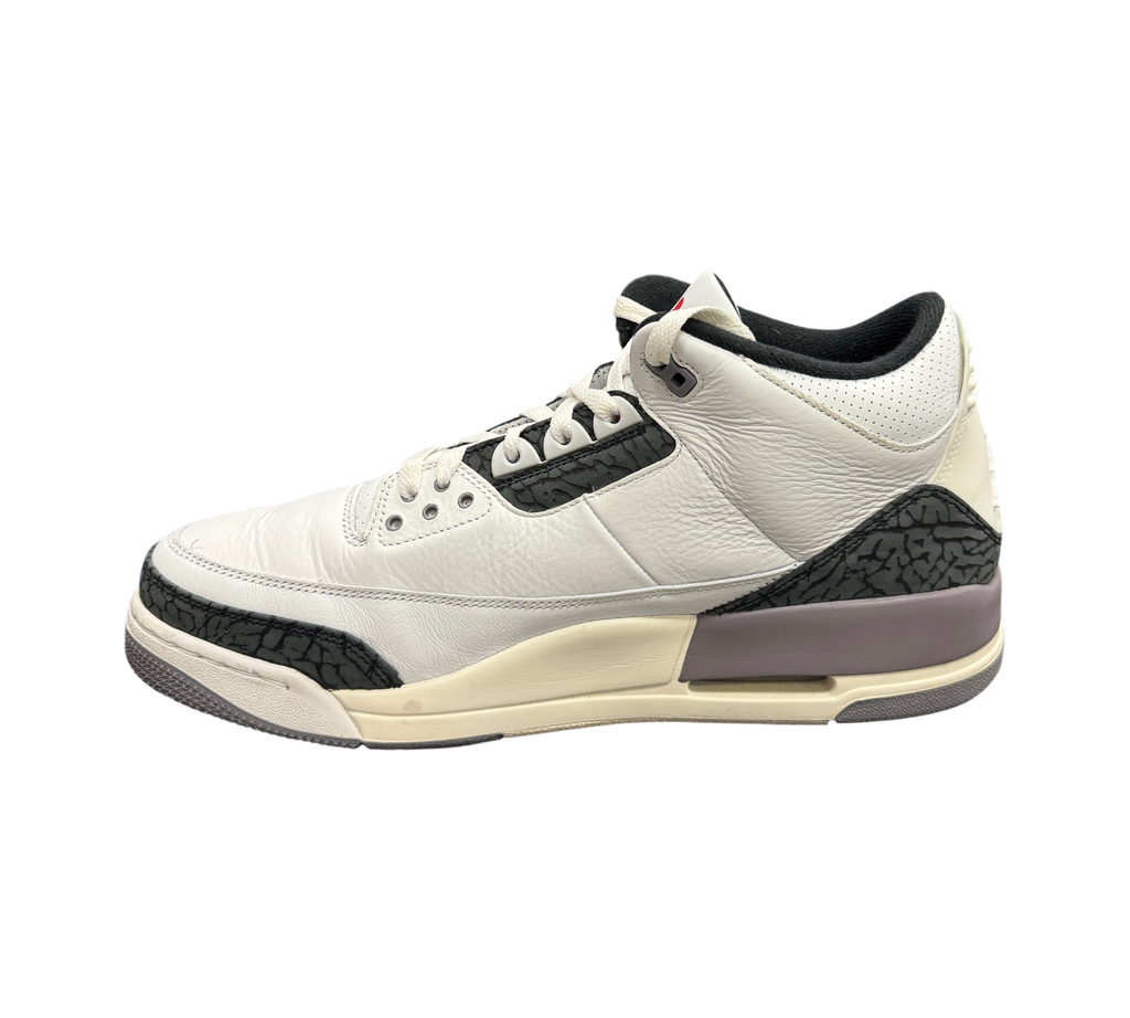 Genesis Boutique Jordan 3 Grey Cement sneakers in white leather with iconic elephant print overlays and side profile