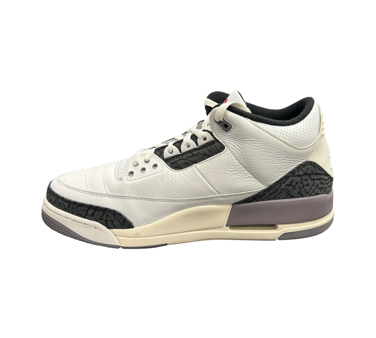 Genesis Boutique Jordan 3 Grey Cement sneakers in white leather with iconic elephant print overlays and side profile
