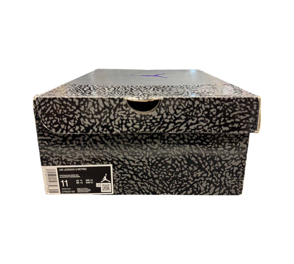 Genesis Boutique Jordan 3 "Iris" CT8532-105 shoe box with elephant print and purple Jumpman logo.