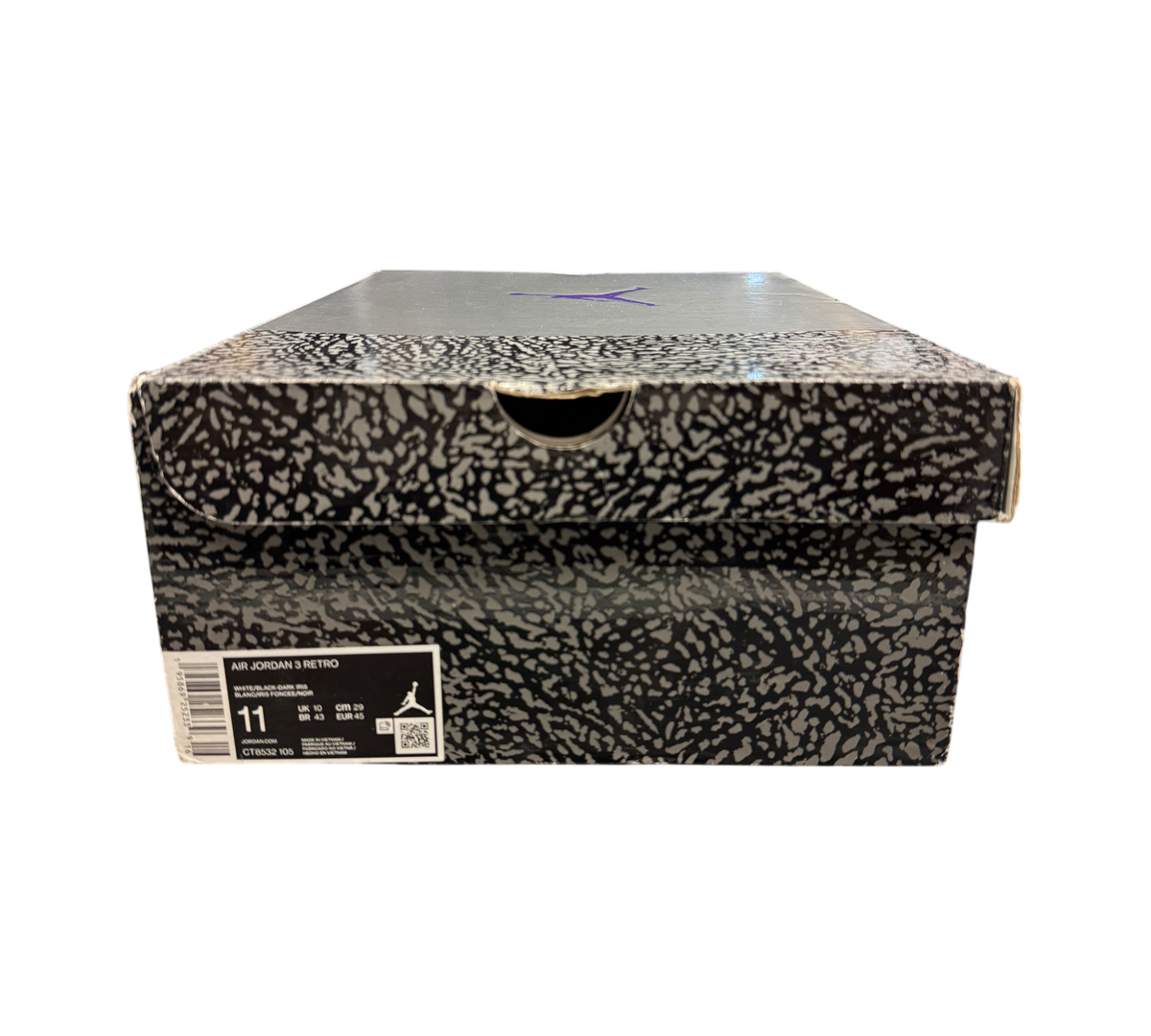 Genesis Boutique Jordan 3 "Iris" CT8532-105 shoe box with elephant print and purple Jumpman logo.
