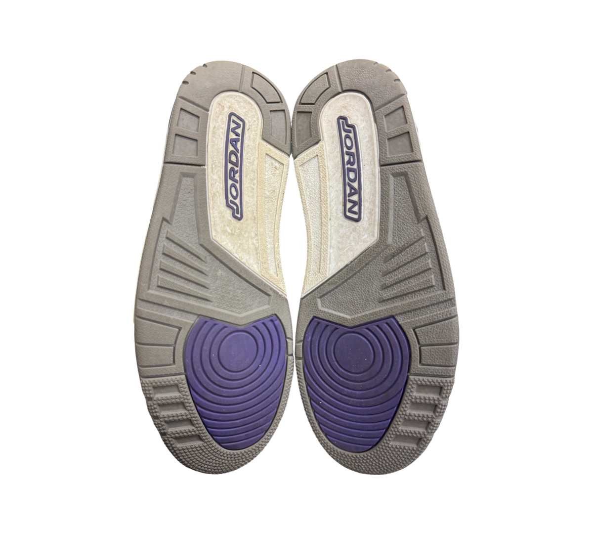 Genesis Boutique Jordan 3 "Iris" CT8532-105 shoes, grey soles with purple accents and Jordan branding.