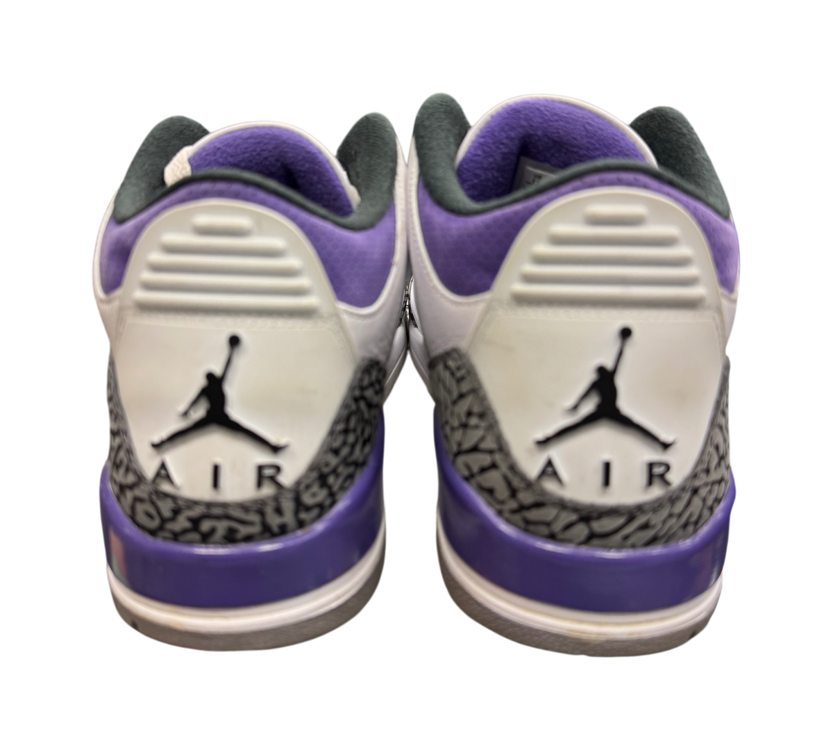 Genesis Boutique Jordan 3 "Iris" CT8532-105 sneakers with purple accents and elephant print detailing.
