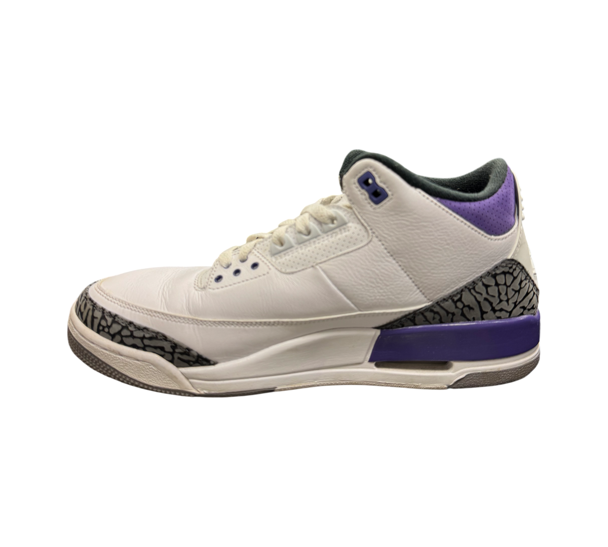 Genesis Boutique Jordan 3 "Iris" CT8532-105 sneakers with white leather, purple accents, and elephant print details.