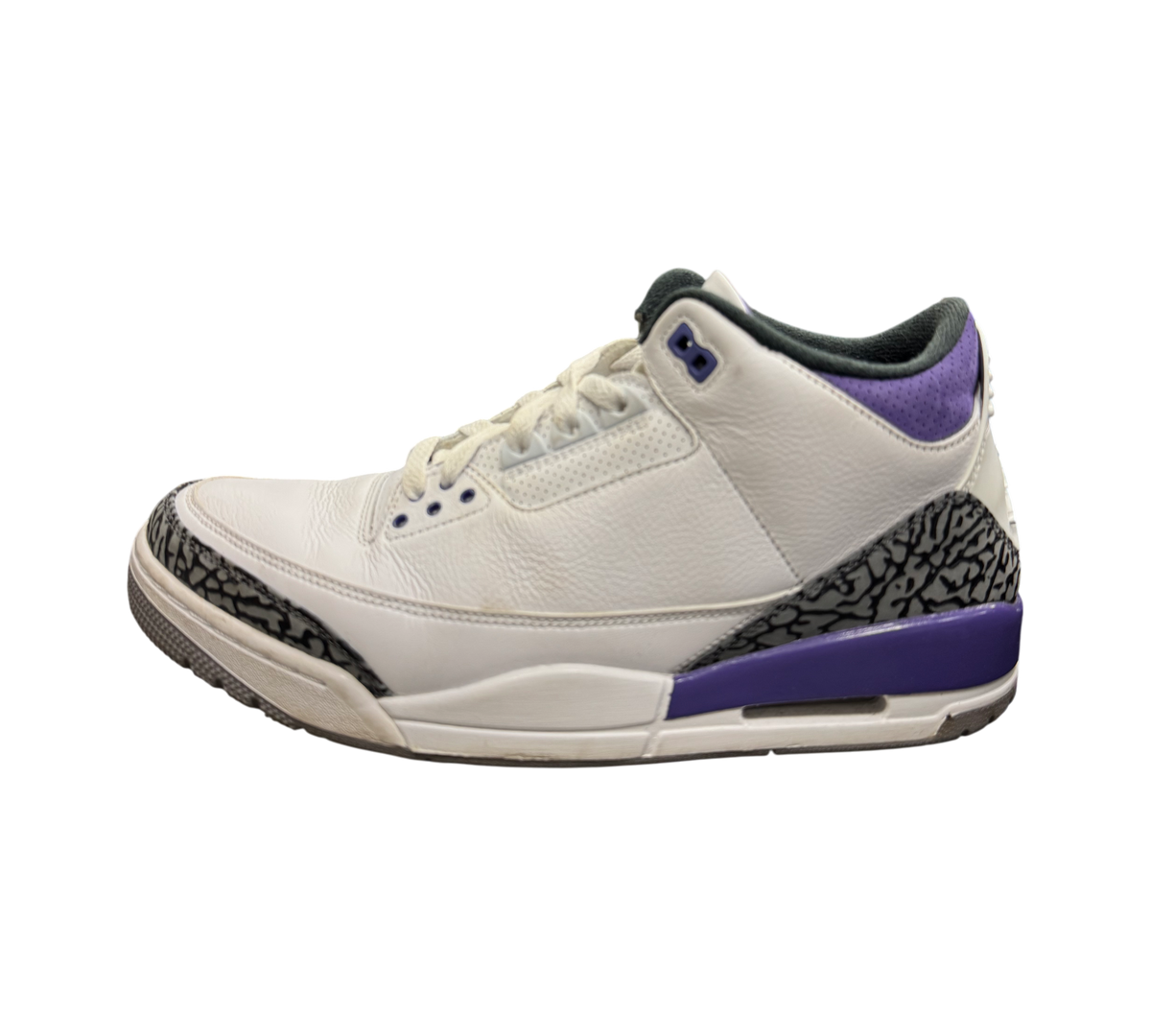 Genesis Boutique Jordan 3 "Iris" sneakers with white leather, purple accents, and elephant print detailing.