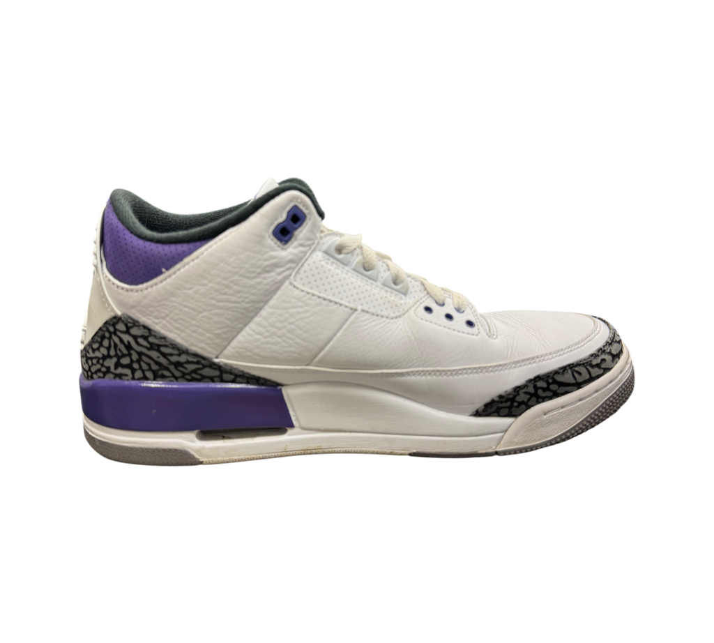 Genesis Boutique Jordan 3 "Iris" sneakers in white leather with purple accents and elephant print detailing.