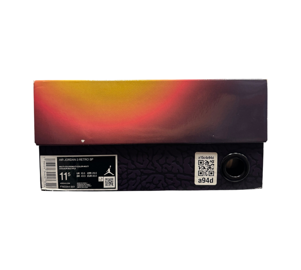 Genesis Boutique Jordan 3 J-Balvin Medellín Sunset sneaker box with vibrant sunset gradient lid and size label