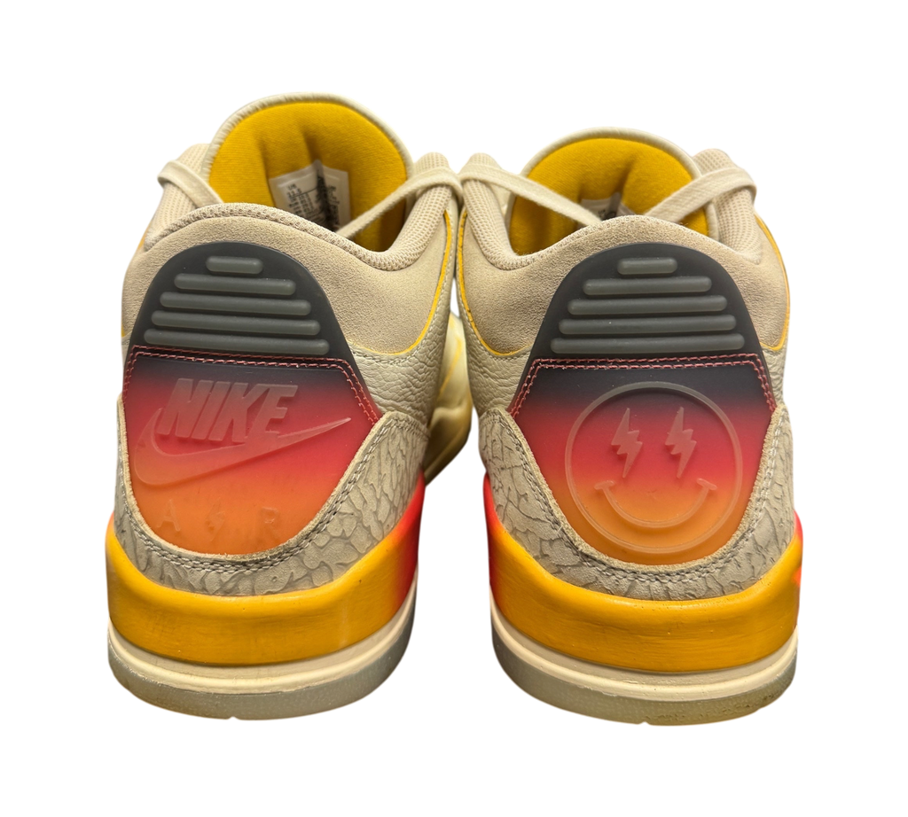 Genesis Boutique Jordan 3 J-Balvin Medellín Sunset sneakers showing heel detail with gradient sunset and smiley face