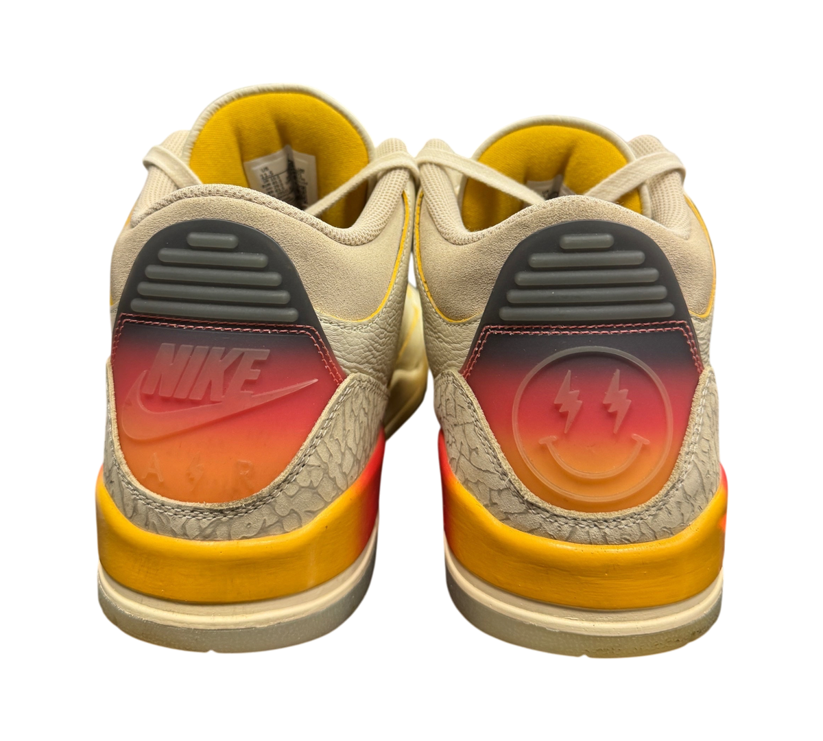 Genesis Boutique Jordan 3 J-Balvin Medellín Sunset sneakers showing heel detail with gradient sunset and smiley face