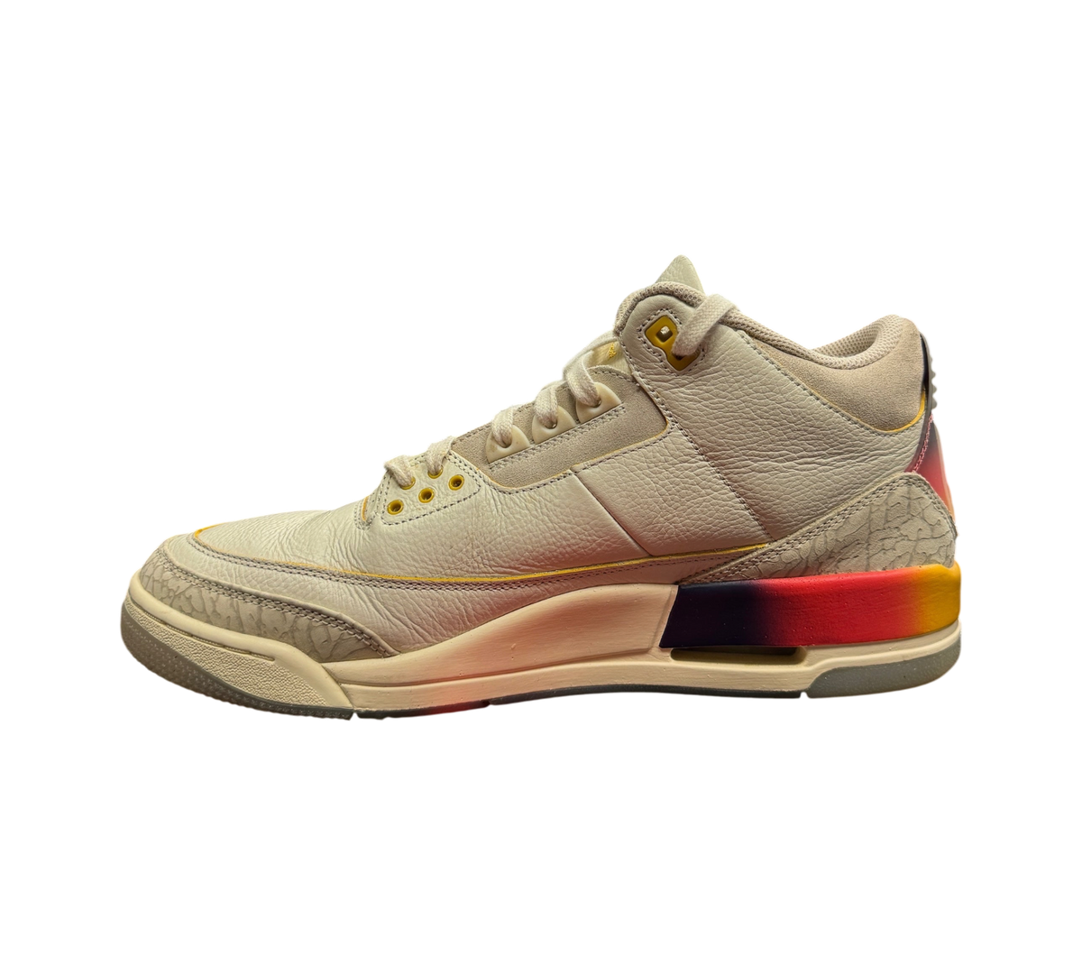 Genesis Boutique Jordan 3 J-Balvin Medellín Sunset sneakers in cream leather with a sunset gradient heel tab.