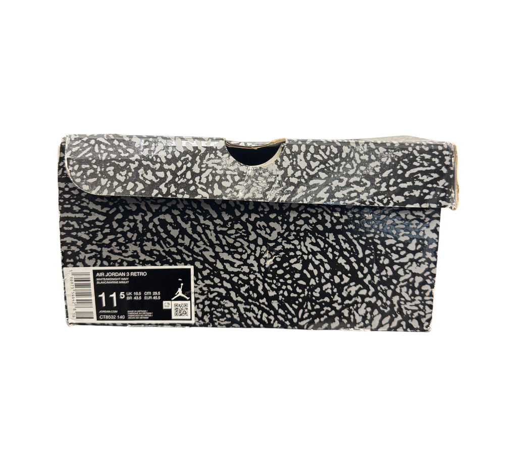 Genesis Boutique Jordan 3 Midnight Navy sneaker box with iconic elephant print pattern
