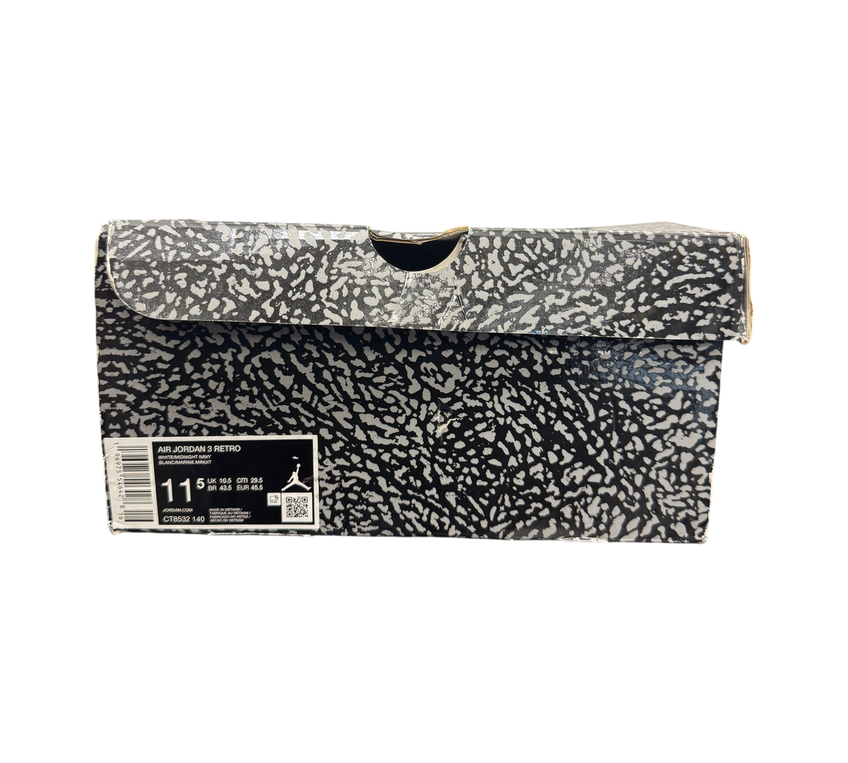 Genesis Boutique Jordan 3 Midnight Navy sneaker box with iconic elephant print pattern