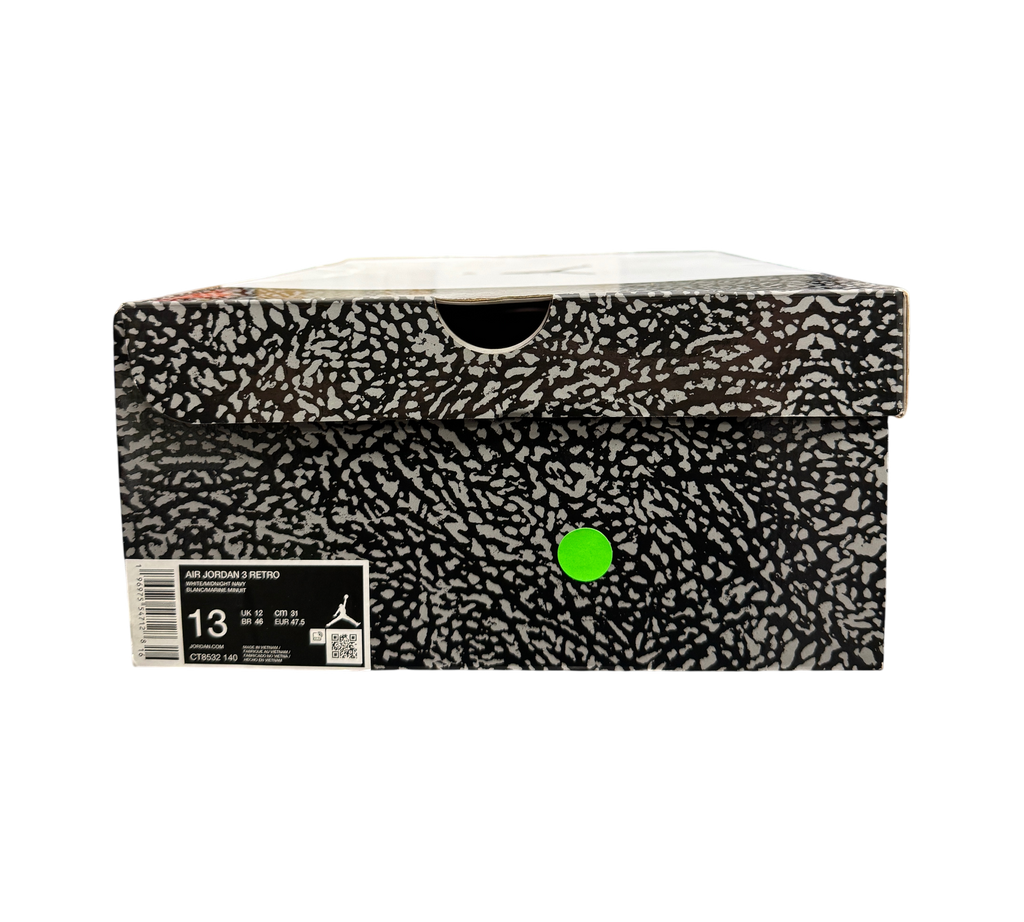 Genesis Boutique Jordan 3 Midnight Navy sneaker box with iconic grey and black elephant print pattern