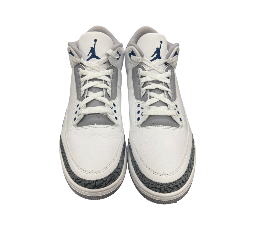 Genesis Boutique Jordan 3 Midnight Navy sneakers in white leather with grey elephant print and navy blue accents
