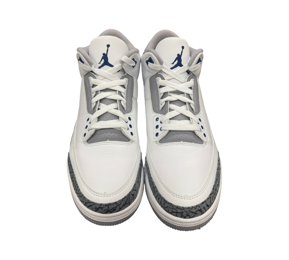 Genesis Boutique Jordan 3 Midnight Navy sneakers in white leather with grey elephant print and navy blue accents