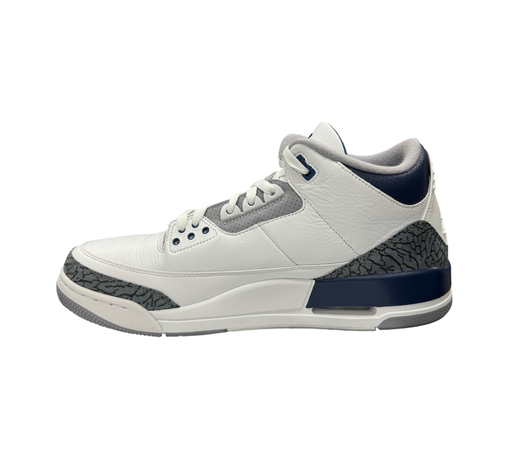 Genesis Boutique Jordan 3 Midnight Navy sneakers in white leather with grey and navy blue accents and elephant print