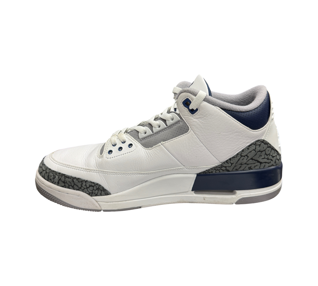 Genesis Boutique Jordan 3 Midnight Navy sneakers in white leather with grey elephant print and navy blue accents