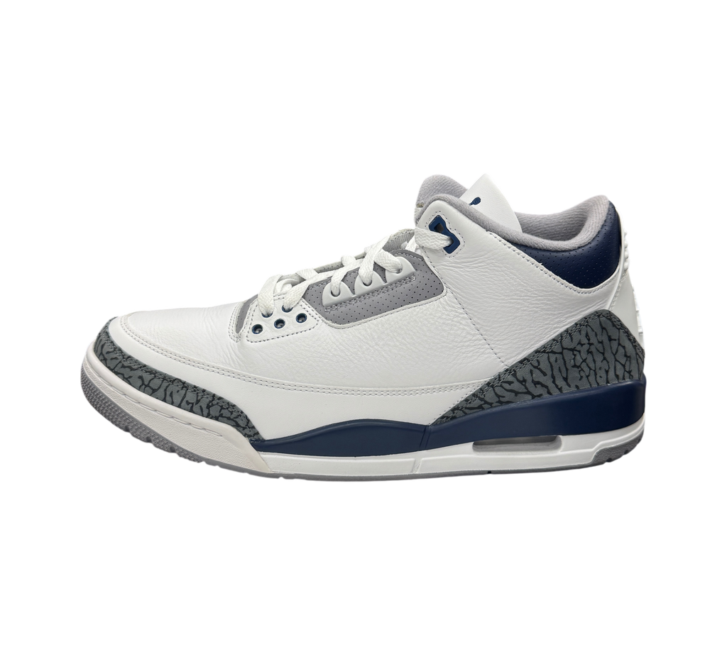 Genesis Boutique Jordan 3 Midnight Navy sneakers in white leather with grey and navy blue elephant print accents