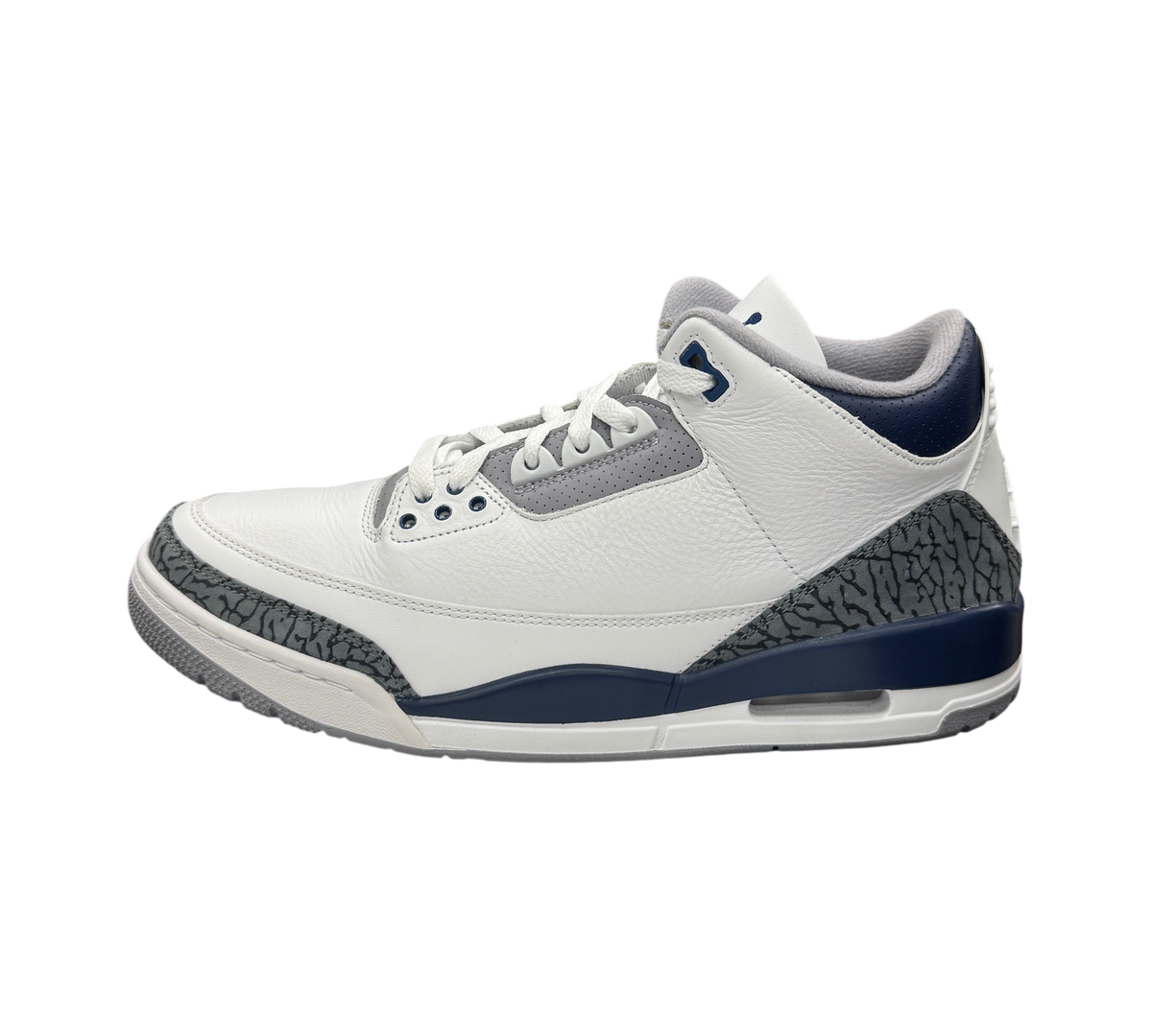 Genesis Boutique Jordan 3 Midnight Navy sneakers in white leather with grey and navy blue elephant print accents