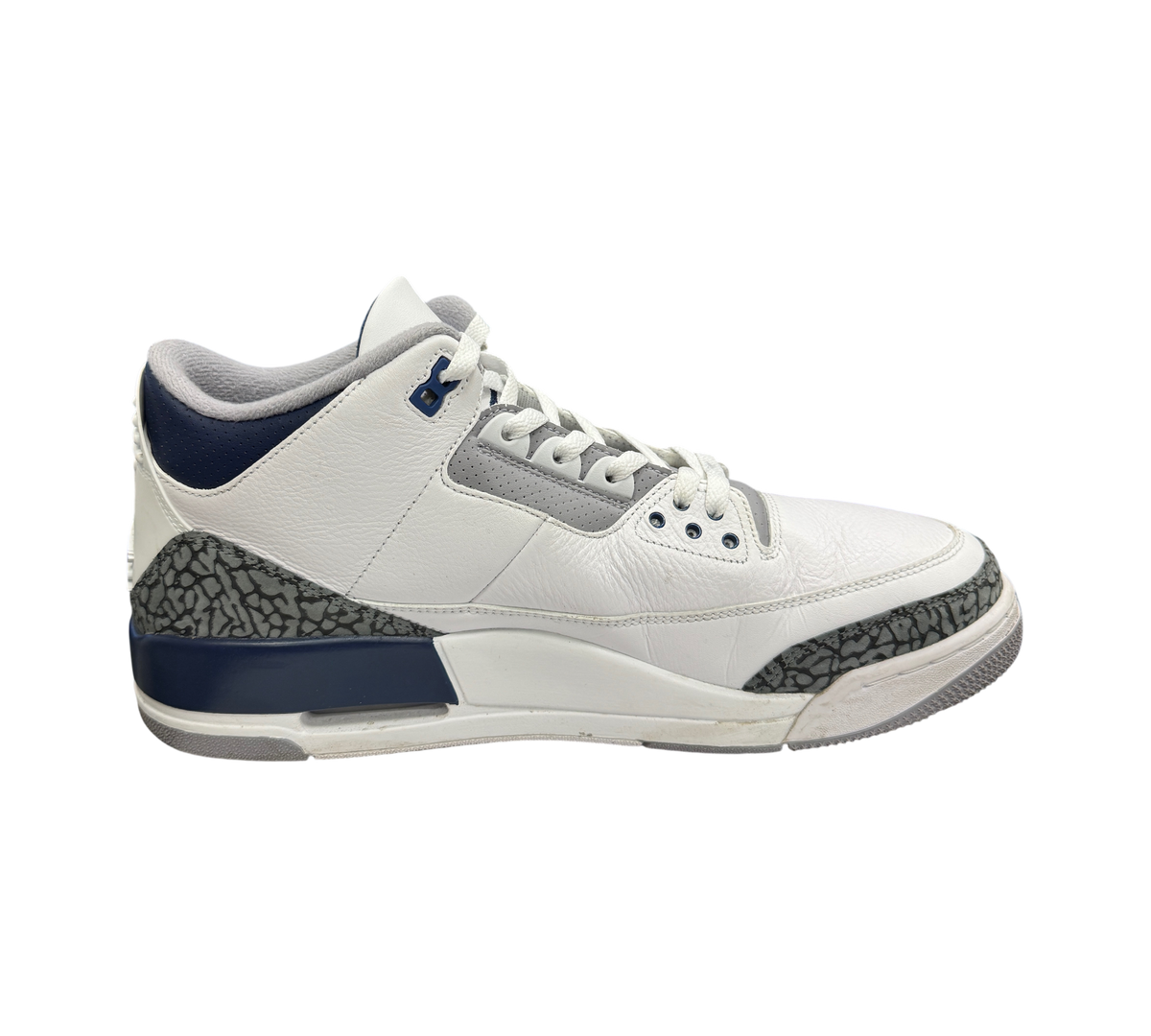 Genesis Boutique Jordan 3 Midnight Navy sneakers in white leather with grey and navy accents and elephant print trim.