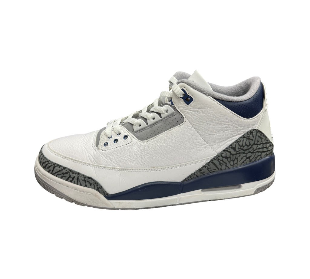 Genesis Boutique Jordan 3 Midnight Navy sneakers in white leather with grey elephant print and navy blue accents