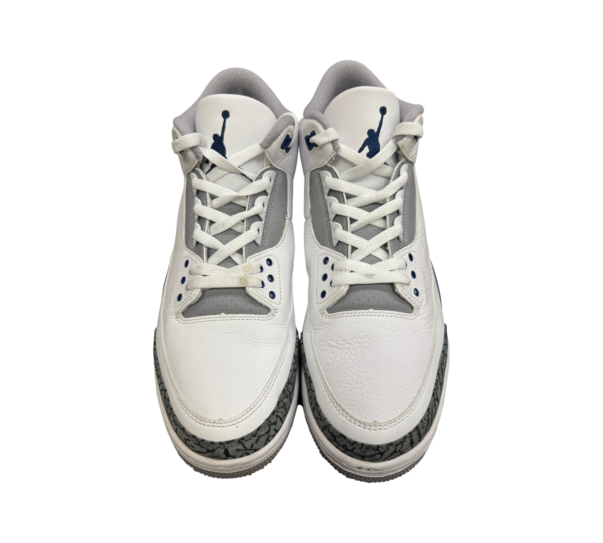 Genesis Boutique Jordan 3 Midnight Navy sneakers in white leather with grey accents and iconic elephant print trim.