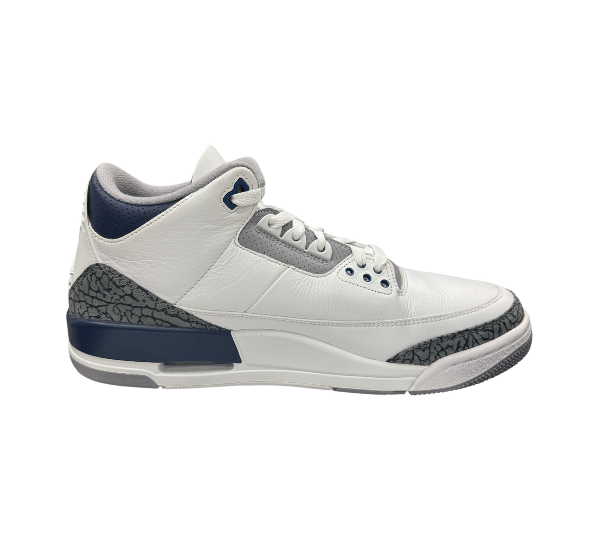 Genesis Boutique Jordan 3 Midnight Navy sneakers in white leather with grey elephant print and navy blue accents