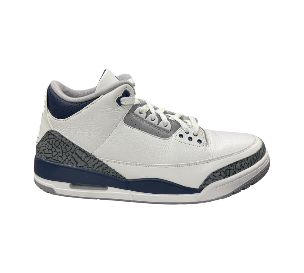 Genesis Boutique Jordan 3 Midnight Navy sneakers in white leather with grey elephant print and navy blue accents