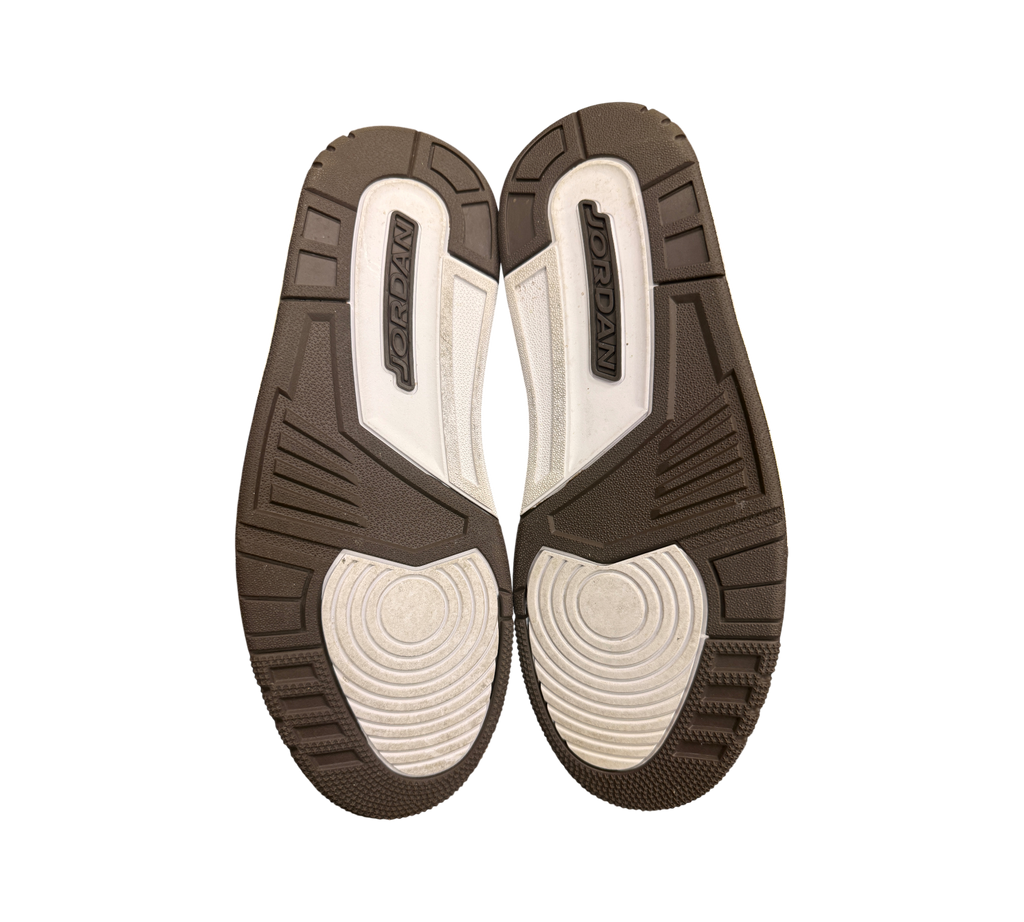 Genesis Boutique Jordan 3 "Mocha" sneakers, brown and white soles with Jordan branding.