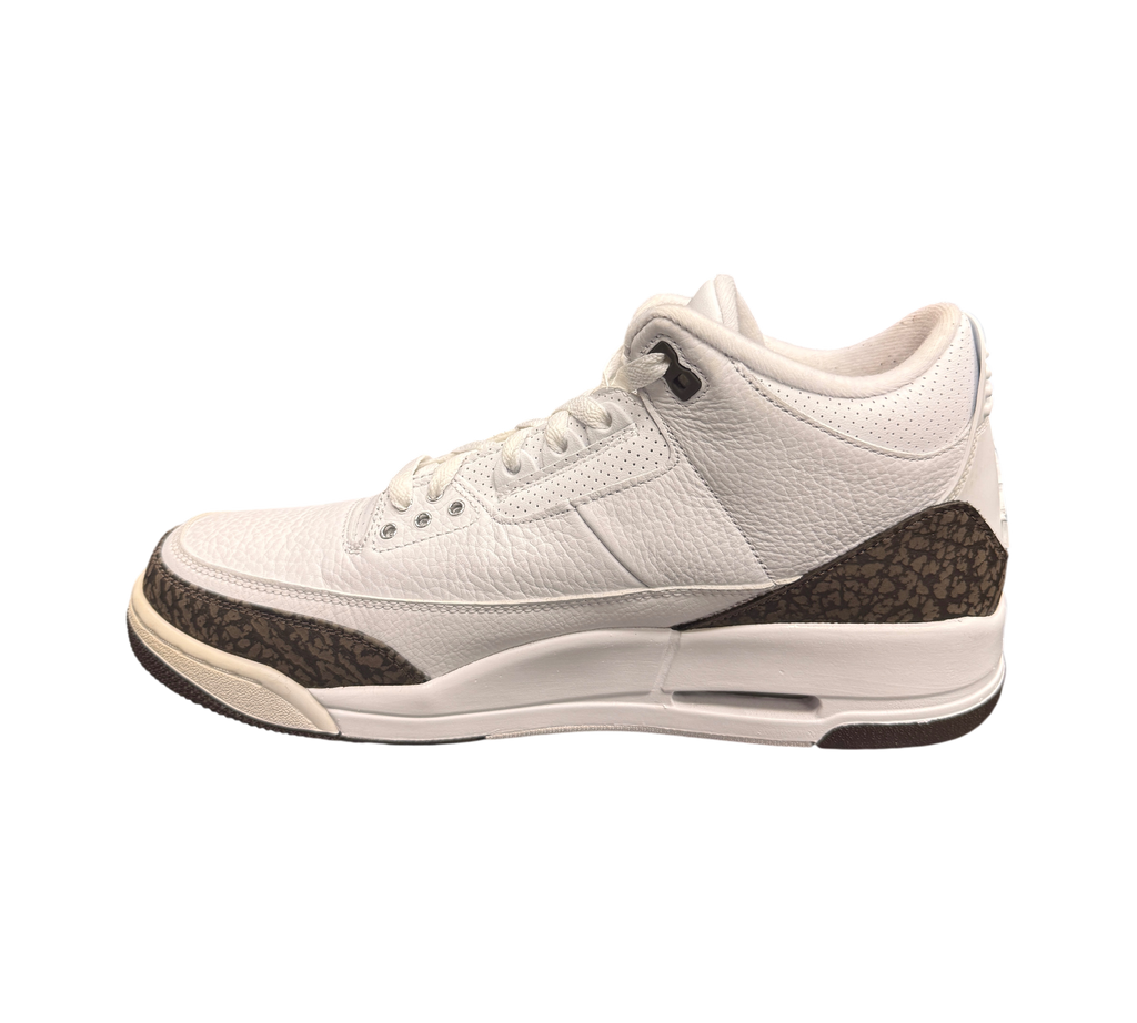 Genesis Boutique Jordan 3 "Mocha" sneakers with white leather and brown elephant print accents.