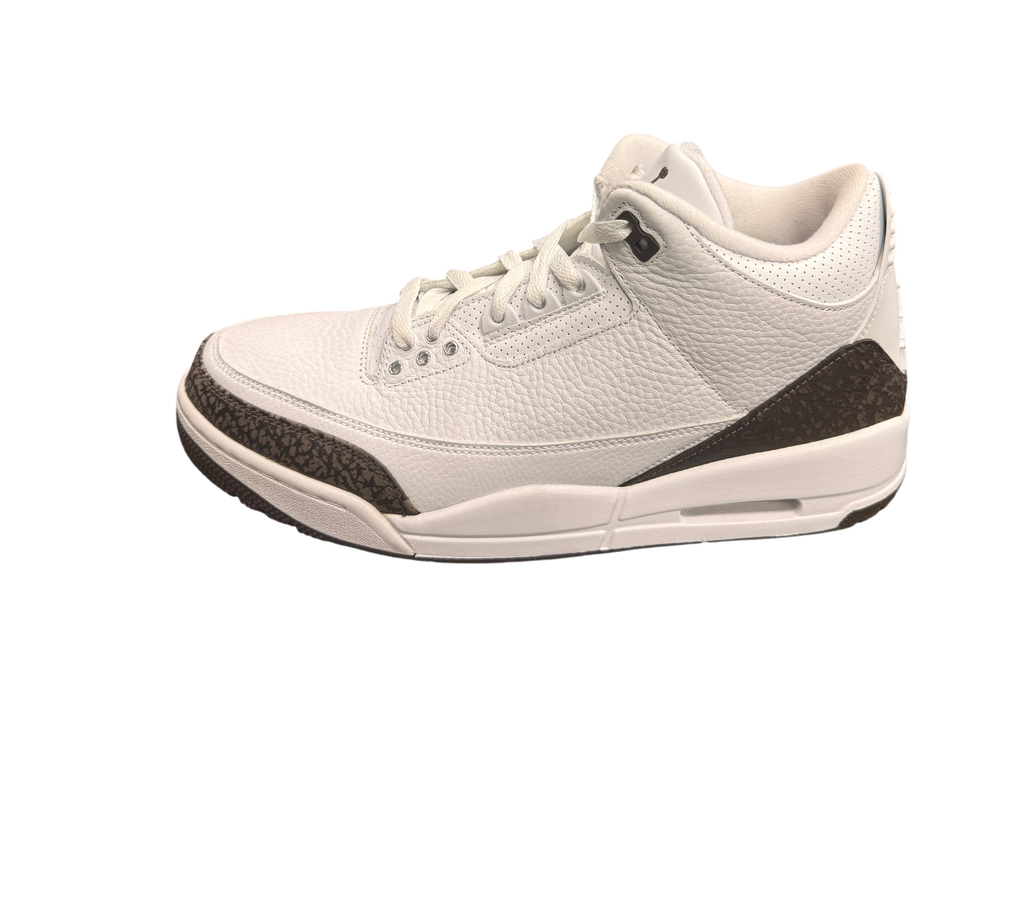 Genesis Boutique Jordan 3 "Mocha" sneakers, white leather with dark brown elephant print accents.