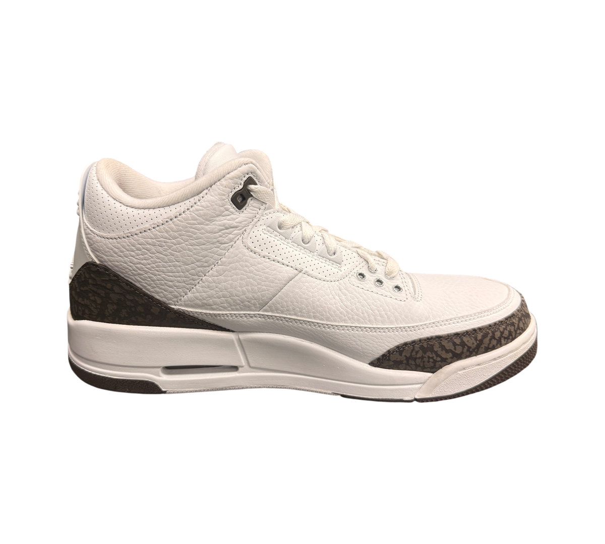 Genesis Boutique Jordan 3 "Mocha" sneakers in white tumbled leather with elephant print accents.
