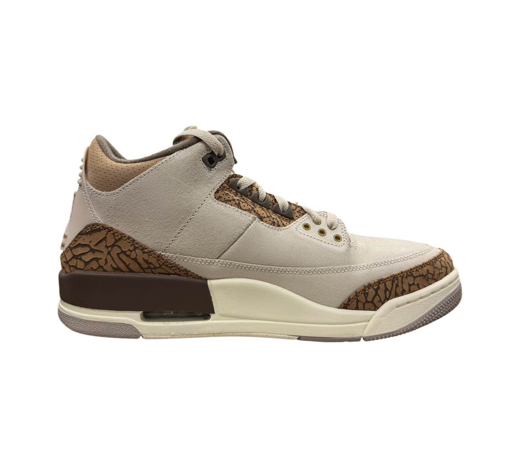 Genesis Boutique pre-owned Jordan 3 Palomino sneakers in light bone and brown with iconic elephant print detailing.