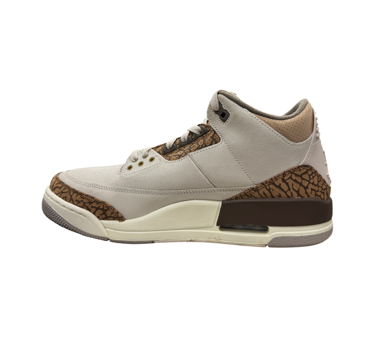 Genesis Boutique Jordan 3 Palomino sneakers in light beige and brown with iconic elephant print overlays