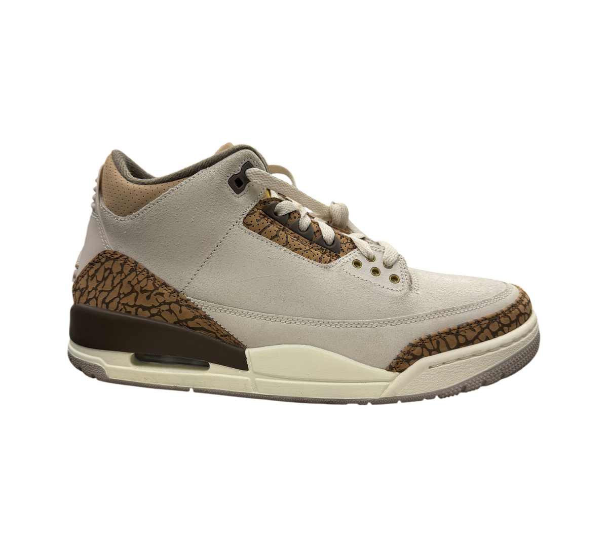 Genesis Boutique Jordan 3 Palomino sneakers in light bone and brown suede with signature elephant print detailing