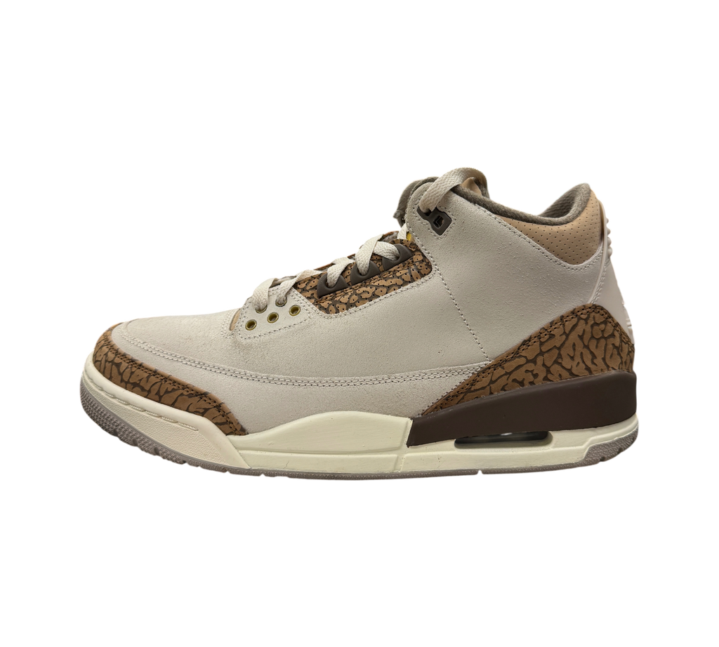 Genesis Boutique Jordan 3 Palomino sneakers in light beige and brown suede with signature elephant print overlays.